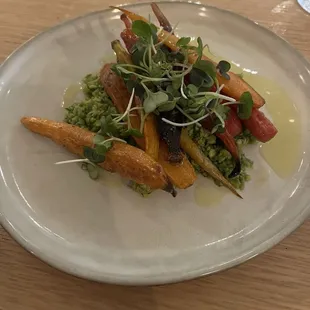 Roasted carrots &amp; pea tapenade