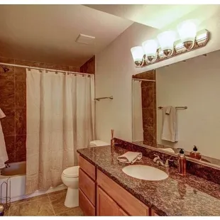 a bathroom with a sink, toilet, and shower