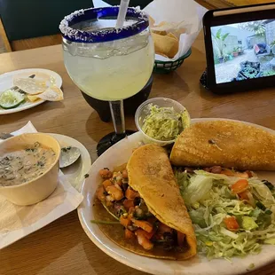 Spinach Con Queso, Carne Asada Tacos, Margarita.