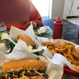 Lunch today, homemade onion rings, cheese burger, roast beef Po&apos;boy