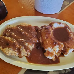 Chicken fried steak and mashed potatoes with gravy