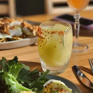 Avocado benedict. Mango margarita. Gin and roses (back)