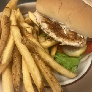 a chicken sandwich and french fries