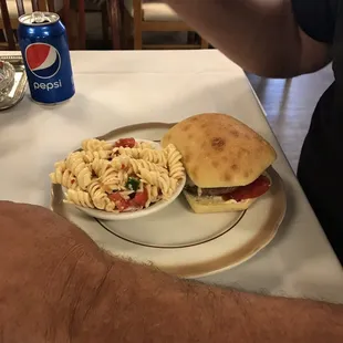Cheeseburger and pasta salad