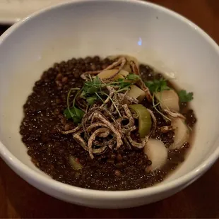 Braised leeks, beluga lentil stew + crispy shallot