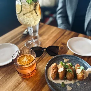 Evelyn's Spanish gin + tonic; come out, come out, wherever you are (Orange); potato and leek fritters