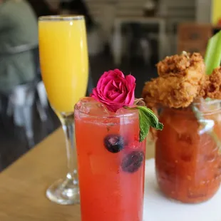 Cocktails: Mimosa, Rose Mojito, Fried Chicken Mary (left to right)