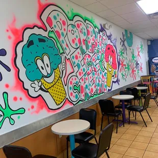 a colorful mural on the wall