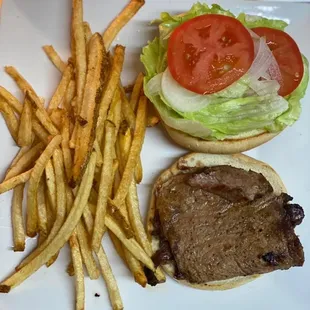 Beef Burger, anyway you like, multiple cheeses, veggies, add bacon or jalapeños, homemade-cut Fries!!