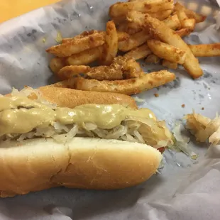 dog, kraut, spicy mustard, fries (fried hard).