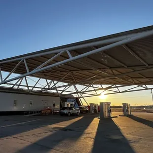 Exterior gas station with the temporary trailer store while the building is being remodeled.