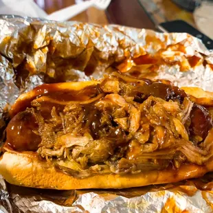Jimmy John (brat with pulled pork and barbecue sauce)