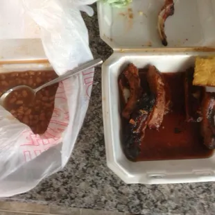 Ribs cornbread and BBQ beans