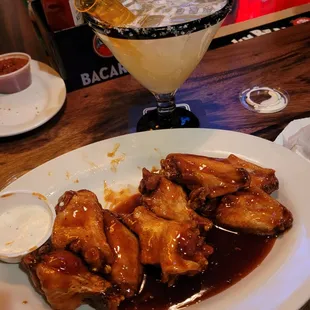 Whiskey bourbon wings and a cucumber margarita.