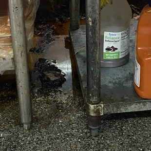 Half inch standing grease along whole back behind and under grill at pops burger