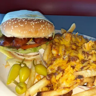 a plate of fries and a cheeseburger