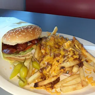 a plate of fries and a cheeseburger