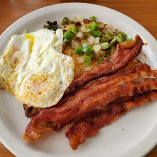 2 eggs, bacon and Irish potatoes.