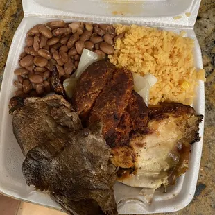 a meal in a styrofoam container
