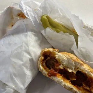 Meatball Marinara Sandwich  Came with a slice of pickle and pepperoni   Bread is super good