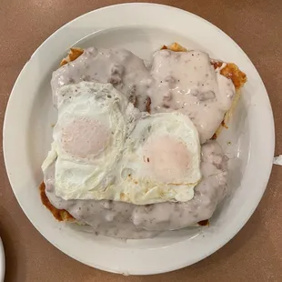 Biscuits and gravy with eggs.