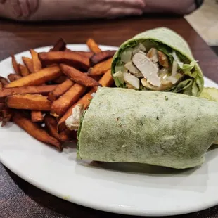 Paradise Roll-Up Wrap with sweet potato fries