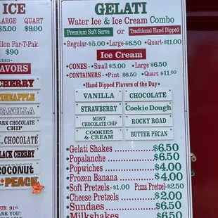 a menu for ice cream