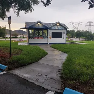a blue and white building