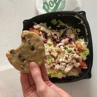 Chopped chicken salad and chocolate chip cookie