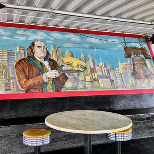 a mural of a man holding a pizza