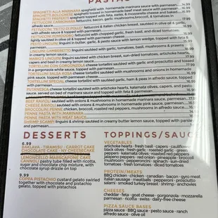 Pasta and desserts menu (as of 04/16/23)