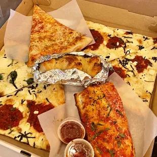 White slice, margarita slices, plain slice, Sicilian slice, and garlic knots