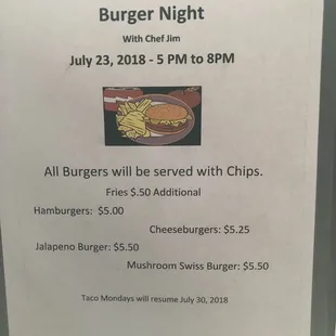 a menu for burger night