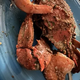 a crab on a blue plate