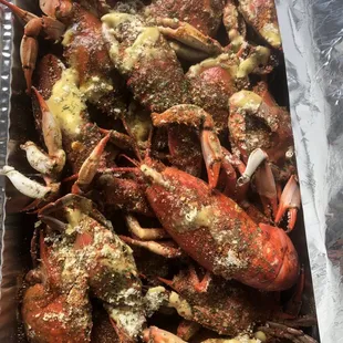 a tray of crabs