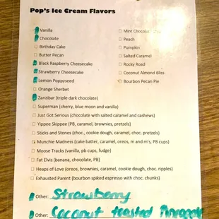 Ice cream menu