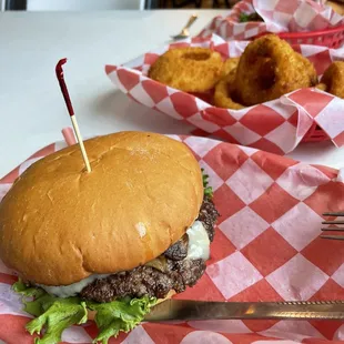 Mushroom Swiss burger and onion rings