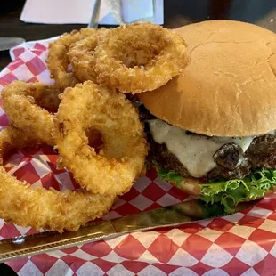 Swiss Mushroom Burger with a side of onion rings- PERFECTION