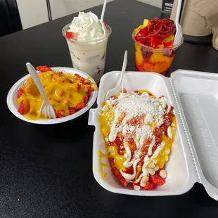 Mangonada, Fresas con Crema, Maranada, and Hot Cheetos w/ Cheese