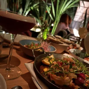 a plate of food and a glass of wine