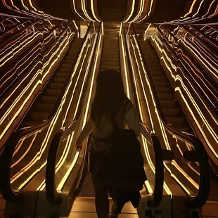 a man sitting on a skateboard in the middle of an escalator
