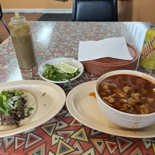 Barbacoa taco, Small bowl of Menudo (comes with 5 tortillas and garnishes), Can of Squirt soda