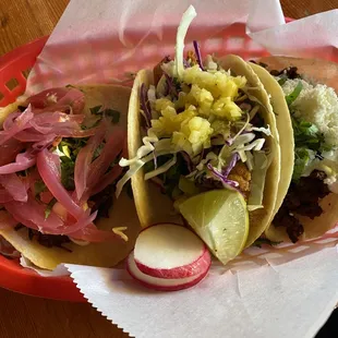 from left to right: barbacoa, fish and chorizo