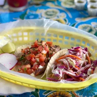 two tacos in a basket