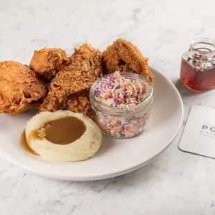 Southern Fried Chicken Pilgrim&apos;s pride organic chicken, mashed potatoes, gravy, coleslaw, hot honey drizzle