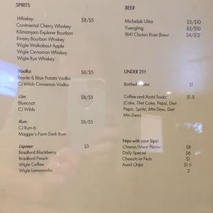Beer and spirits menu