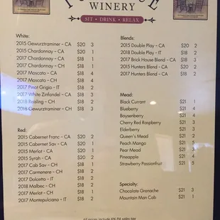 Wine and Mead menu