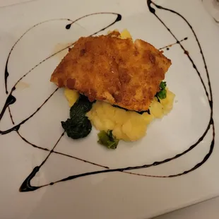 Salmon marmalatta over polenta and broccoli rabe