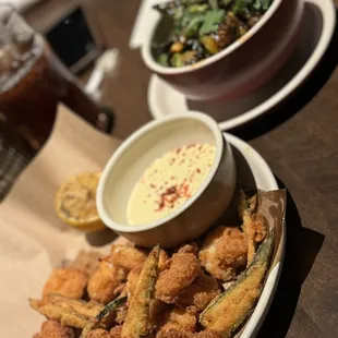 Popcorn shrimp and Brussels sprouts.