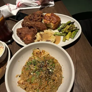 Shrimp fried rice and the friend chicken.